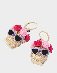 FLOWER CROWN SKULL EARRINGS PINK