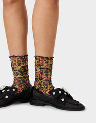 2-PACK LEOPARD ROSE MESH CREW SOCKS TAN MULTI