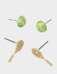 TENNIS RACQUET BALL EARRING STUDS SET