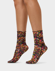 2-PACK BETSEY'S FACES MESH CREW SOCKS BLACK MULTI