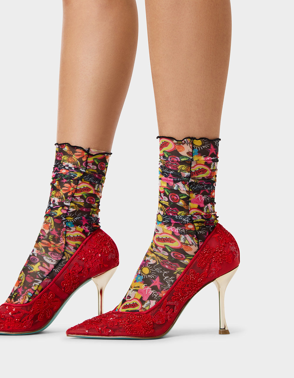 2-PACK BETSEY'S FACES MESH CREW SOCKS BLACK MULTI