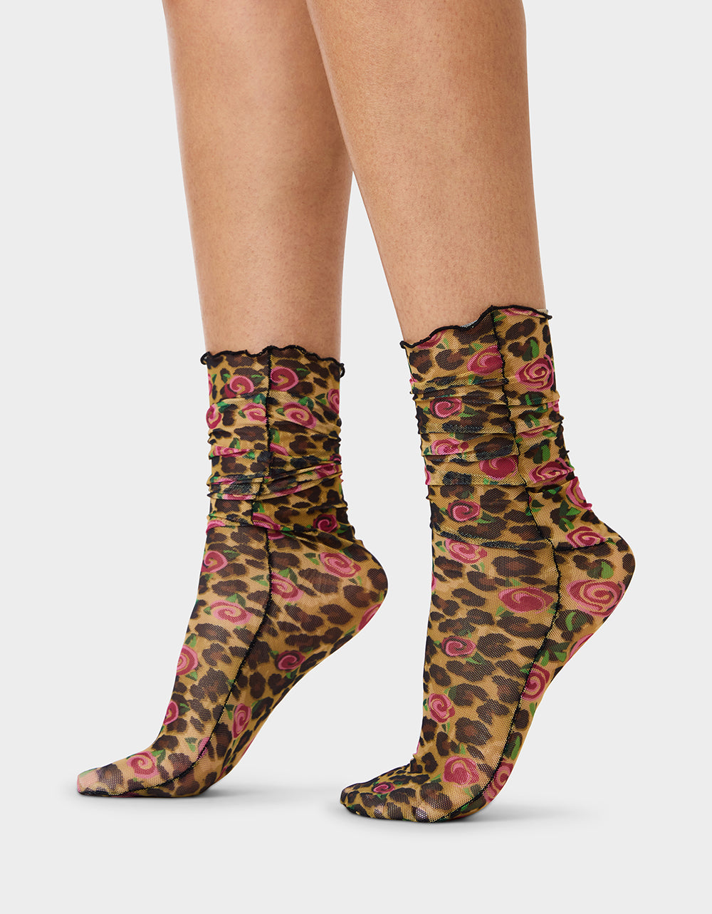 2-PACK LEOPARD ROSE MESH CREW SOCKS TAN MULTI