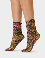 2-PACK LEOPARD ROSE MESH CREW SOCKS TAN MULTI
